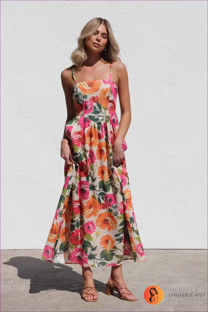 Maxi Dress with Spaghetti Straps - Sunset Celebration for A-line, Casual, Chiffon, Dress, Floral