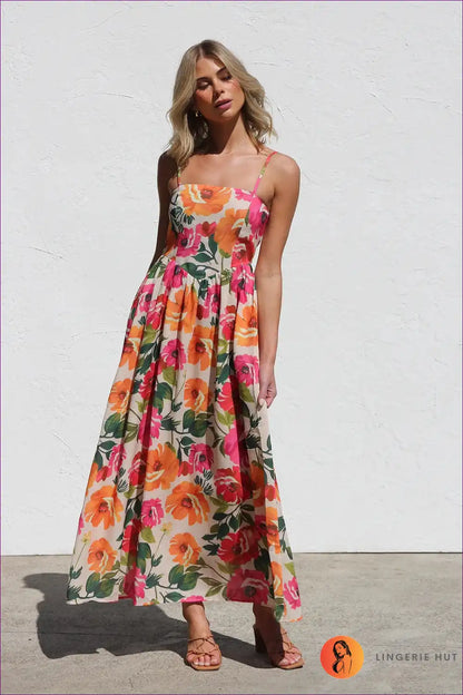 Maxi Dress with Spaghetti Straps - Sunset Celebration for A-line, Casual, Chiffon, Dress, Floral