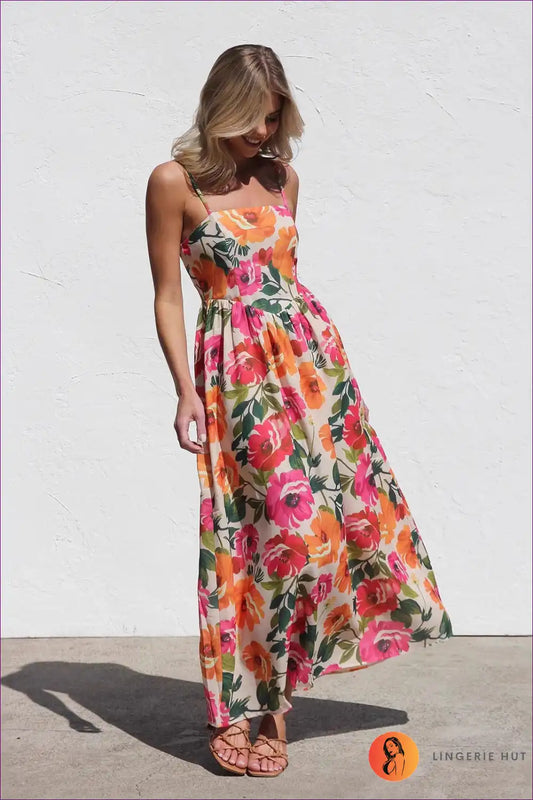 Maxi Dress with Spaghetti Straps - Sunset Celebration for A-line, Casual, Chiffon, Dress, Floral