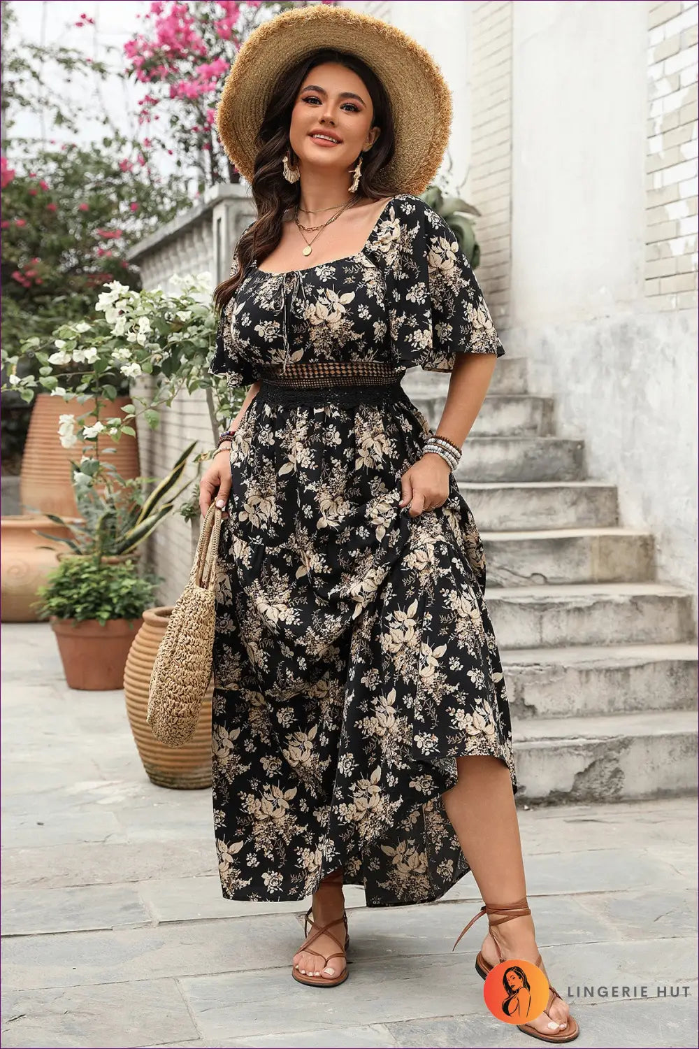 Boho Maxi Dress with Square Neckline - Garden Party Ready - Xl / Black - Dresses - Lingerie Hut - A-line • Casual