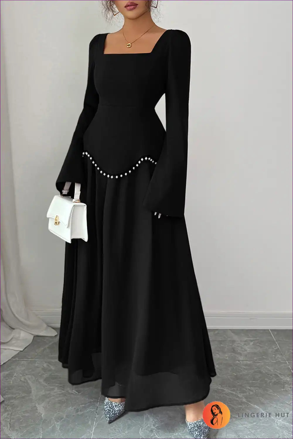 Maxi Dress with Square Neckline - Evening Elegance for A-line, Autumn, Dress, Evening Wear, Formal Wear