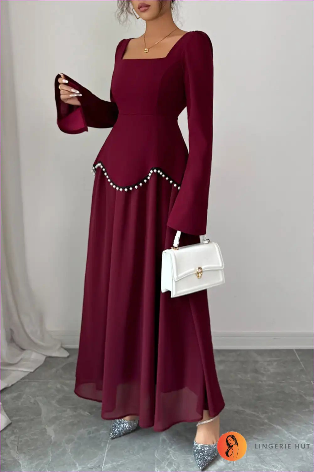 Maxi Dress with Square Neckline - Evening Elegance for A-line, Autumn, Dress, Evening Wear, Formal Wear