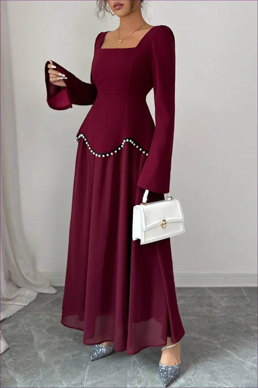 Maxi Dress with Square Neckline - Evening Elegance for A-line, Autumn, Dress, Evening Wear, Formal Wear