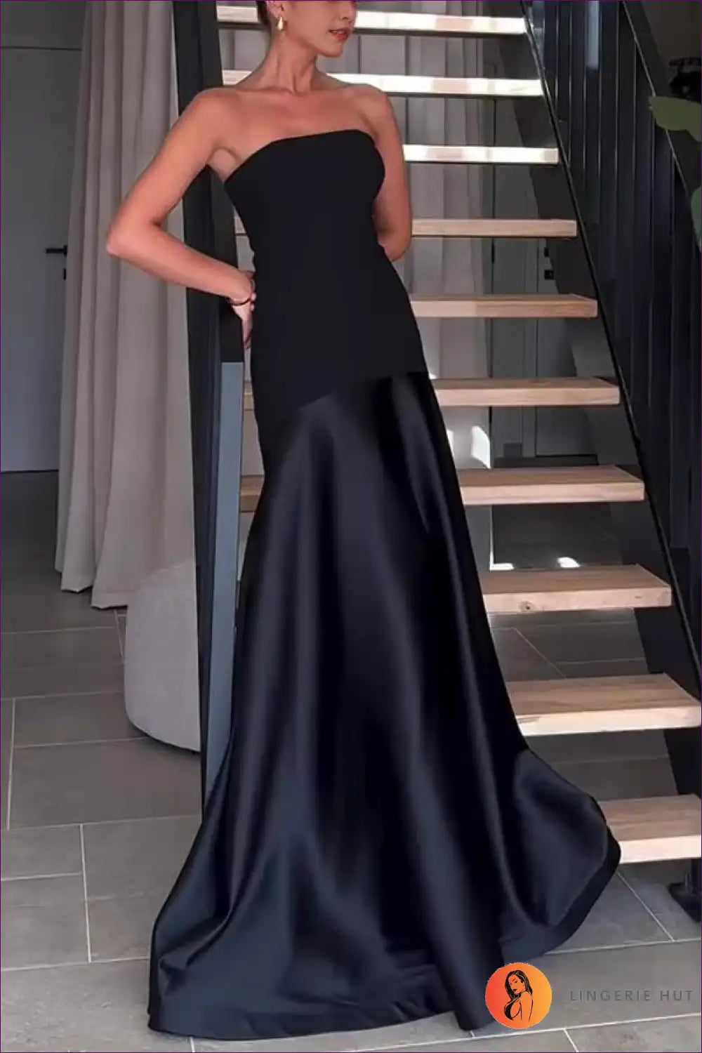 Maxi Dress with Strapless Design - Midnight Elegance for Autumn, Backless, Date Night, Dress, Evening Wear