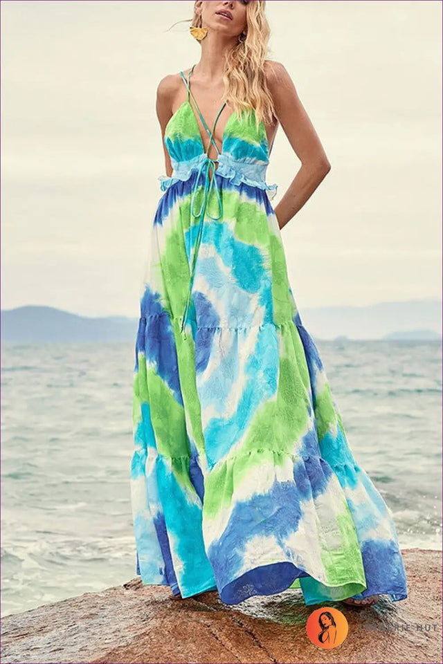Tie-Dye Maxi Dress with Halter Neckline - Effortless Bohemian Mood