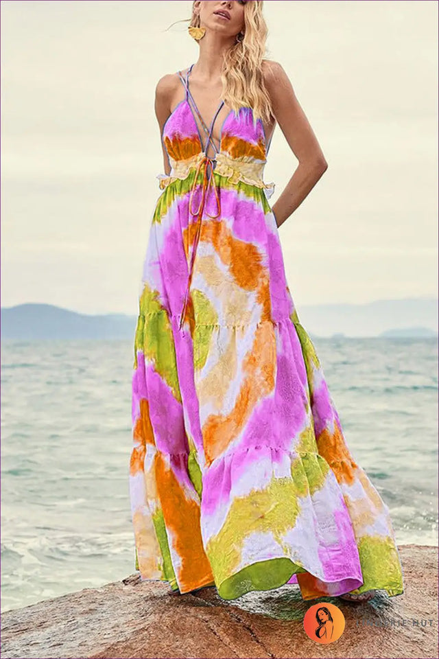 Tie-Dye Maxi Dress with Halter Neckline - Effortless Bohemian Mood