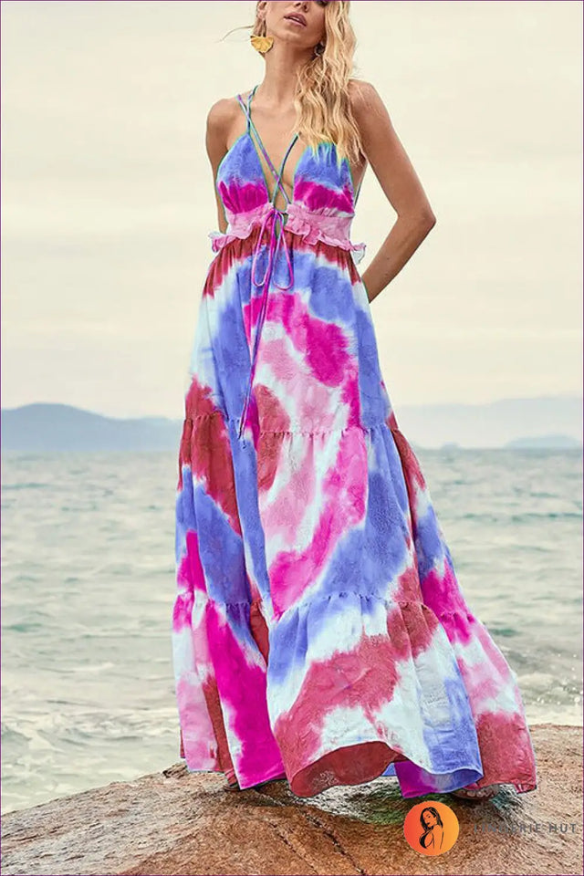 Tie-Dye Maxi Dress with Halter Neckline - Effortless Bohemian Mood