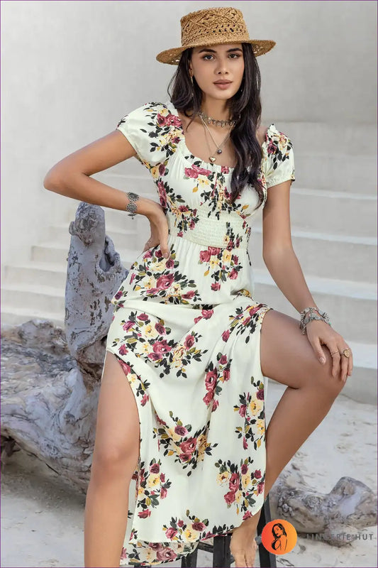 Maxi Dress with Tie Waist - Wanderlust Dreams for Boho, Casual, Dress, Everyday, Floral