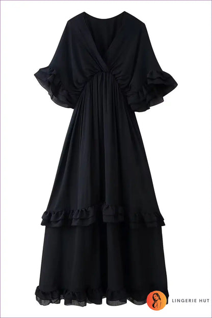 Maxi Dress with Tiered Ruffle Hem - Ethereal Romance for A-line, Boho, Dress, Everyday, Formal Wear