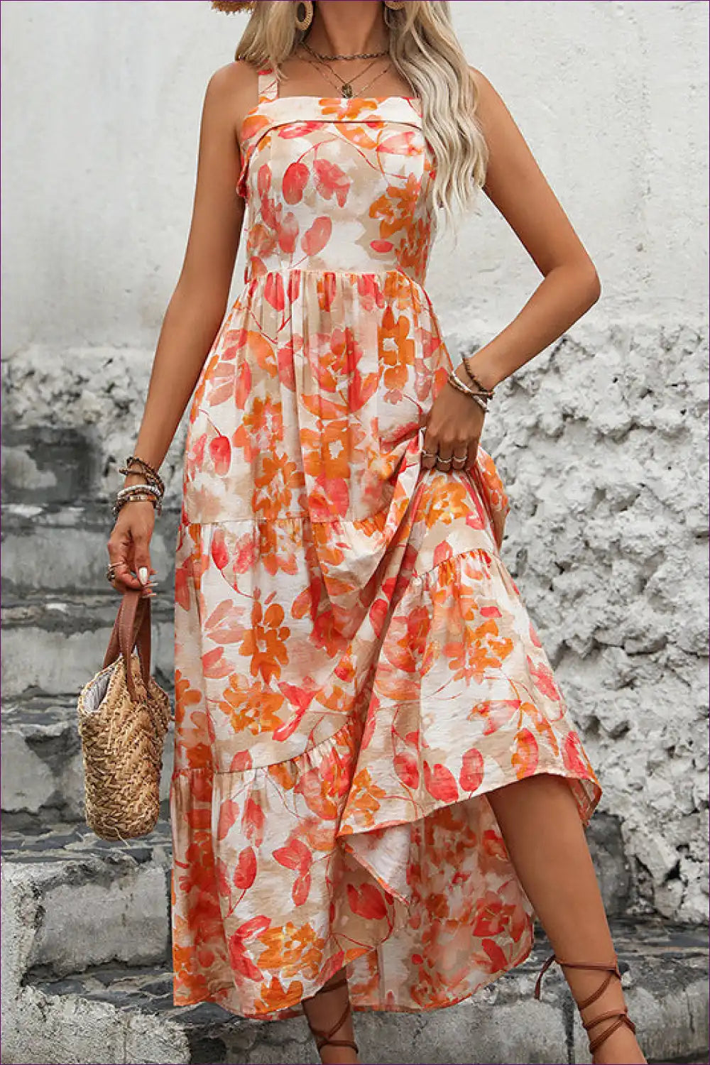 Maxi Dress with Tiered Ruffle Hem - Garden Party Grace for A-line, Backless, Boho, Casual,