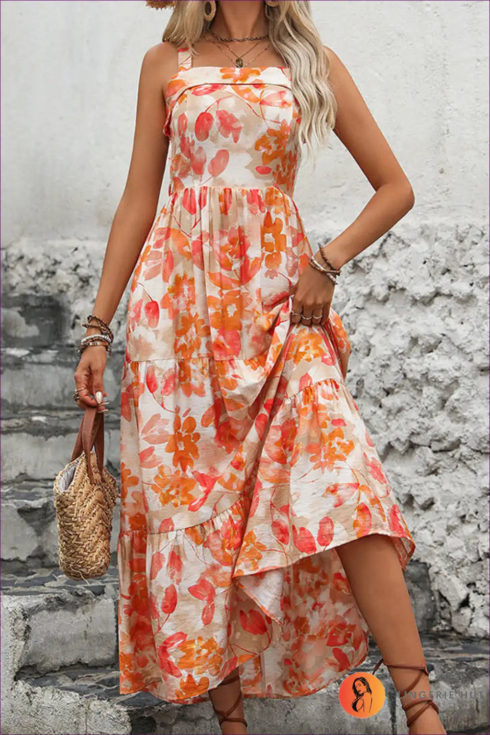 Maxi Dress with Tiered Ruffle Hem - Garden Party Grace for A-line, Backless, Boho, Casual,