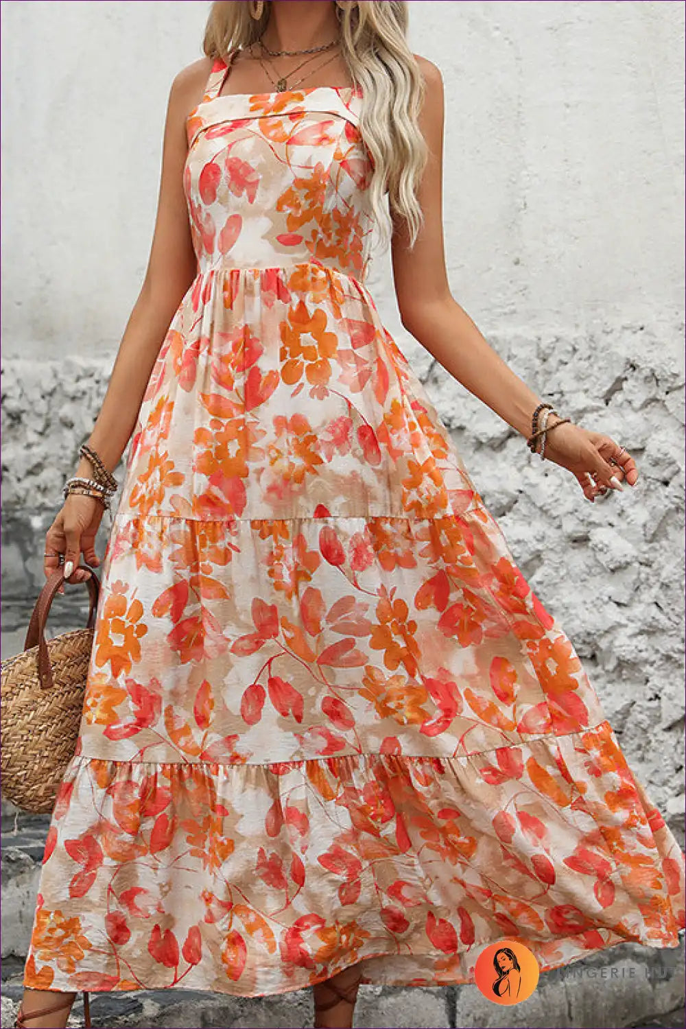 Maxi Dress with Tiered Ruffle Hem - Garden Party Grace for A-line, Backless, Boho, Casual,