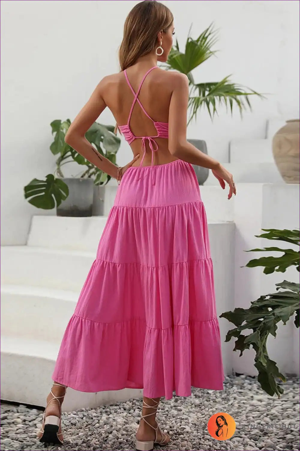 Maxi Dress with Tiered Ruffles - Bohemian Romance for A-line, Backless, Beachwear, Boho, Casual