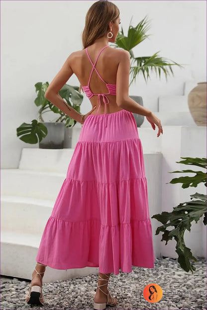 Maxi Dress with Tiered Ruffles - Bohemian Romance for A-line, Backless, Beachwear, Boho, Casual