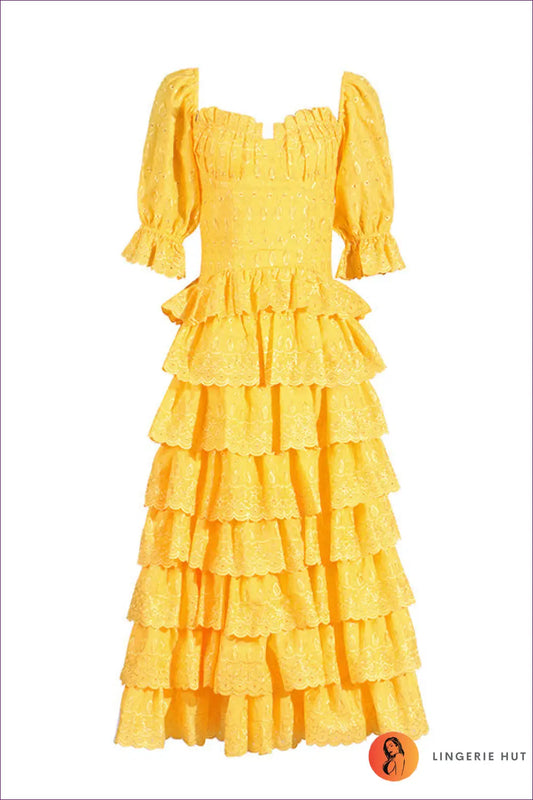 Tiered Maxi Dress with Puff Sleeves - Statement Elegance - s / Yellow - Dresses - Lingerie Hut - A-line • Boho