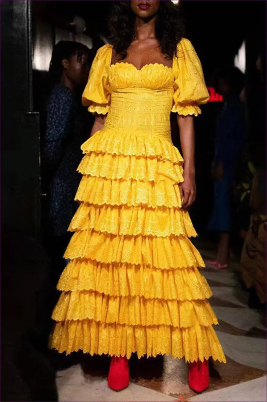 Tiered Maxi Dress with Puff Sleeves - Statement Elegance - Dresses - Lingerie Hut - A-line • Boho • Chiffon • Date Night