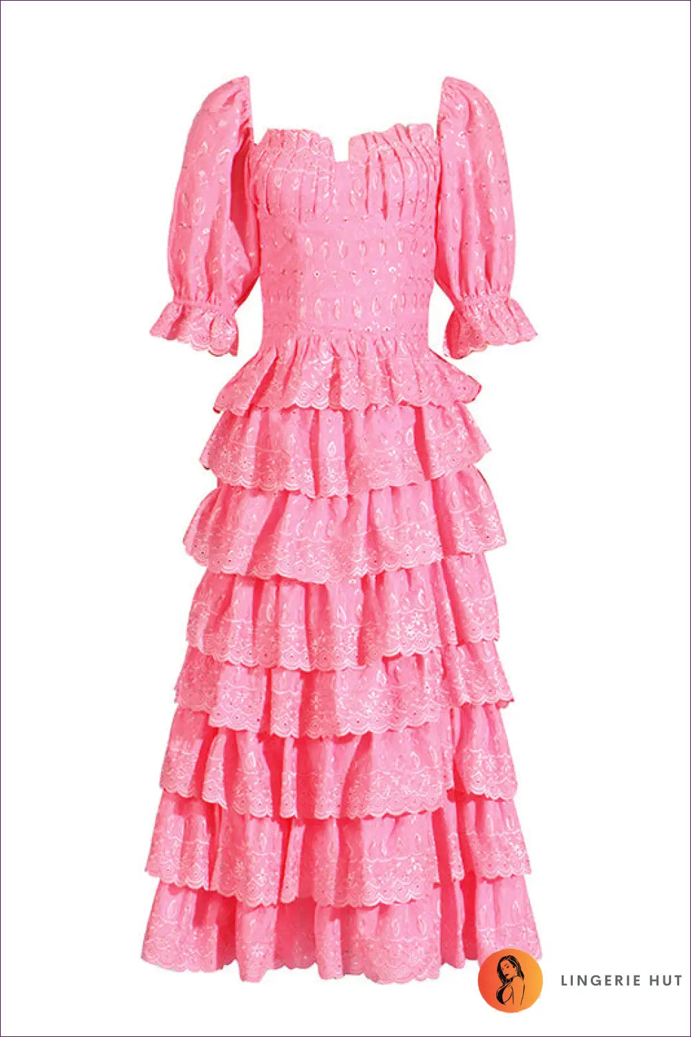 Tiered Maxi Dress with Puff Sleeves - Statement Elegance - s / Pink - Dresses - Boho • Casual • Chiffon • Clothing