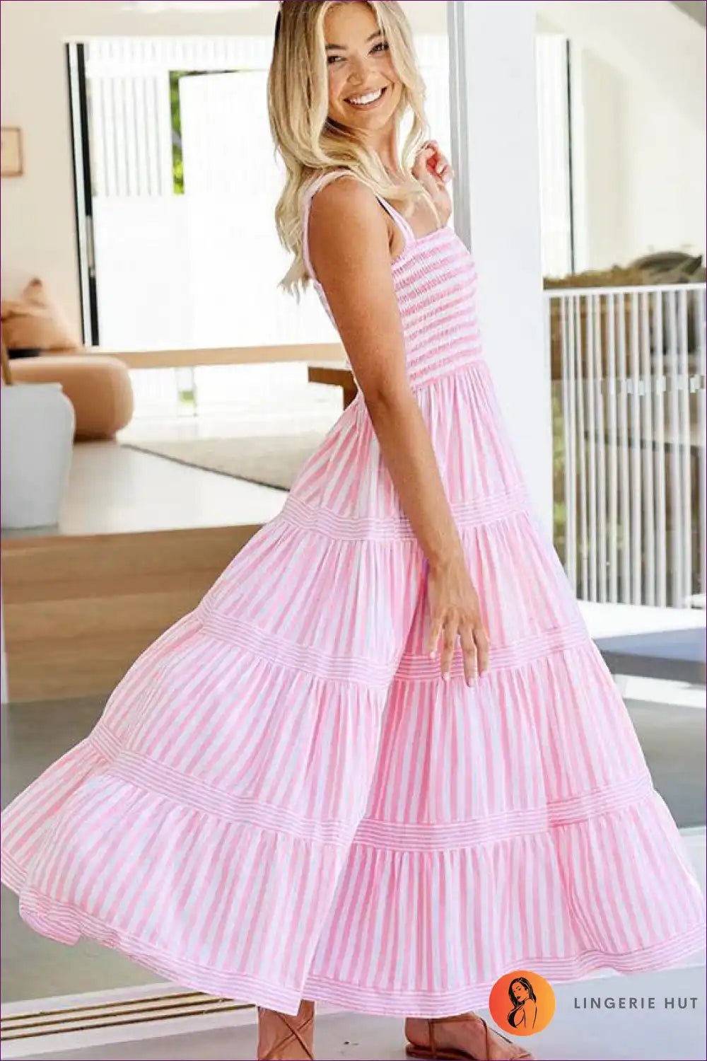 Maxi Dress with Tiered Stripes - Coastal Elegance for A-line, Boho, Casual, Dress,