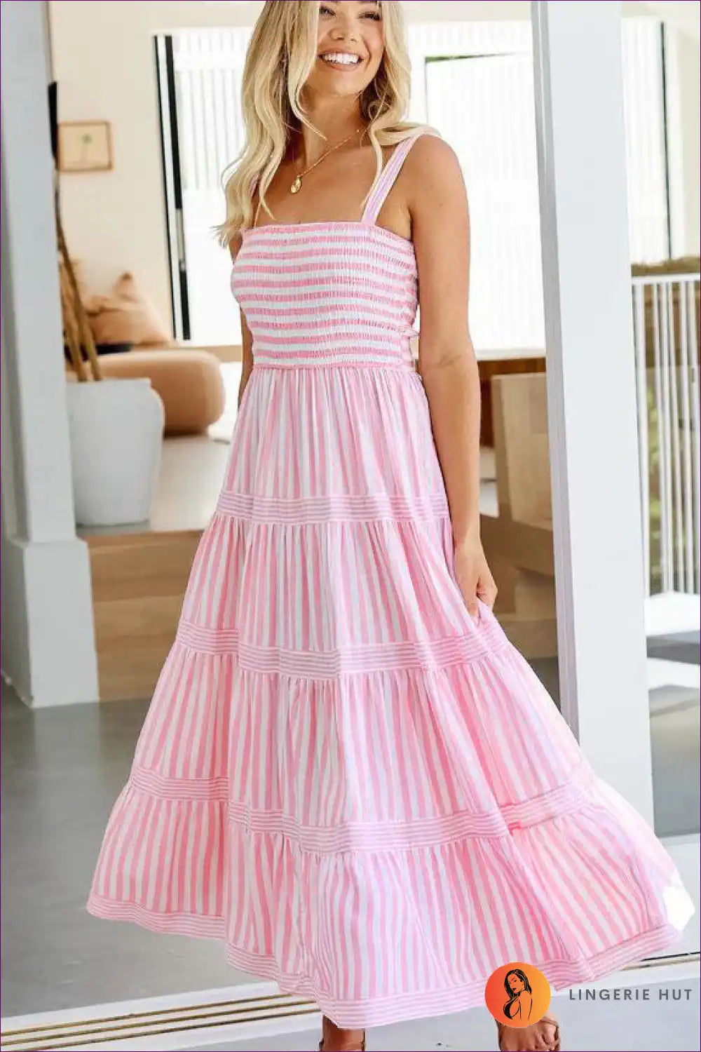 Maxi Dress with Tiered Stripes - Coastal Elegance for A-line, Boho, Casual, Dress,