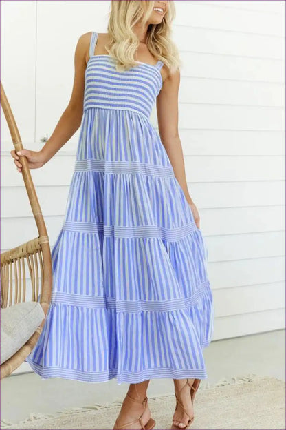 Maxi Dress with Tiered Stripes - Coastal Elegance for A-line, Boho, Casual, Dress,
