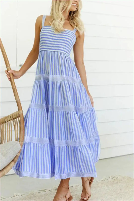 Maxi Dress with Tiered Stripes - Coastal Elegance for A-line, Boho, Casual, Dress,