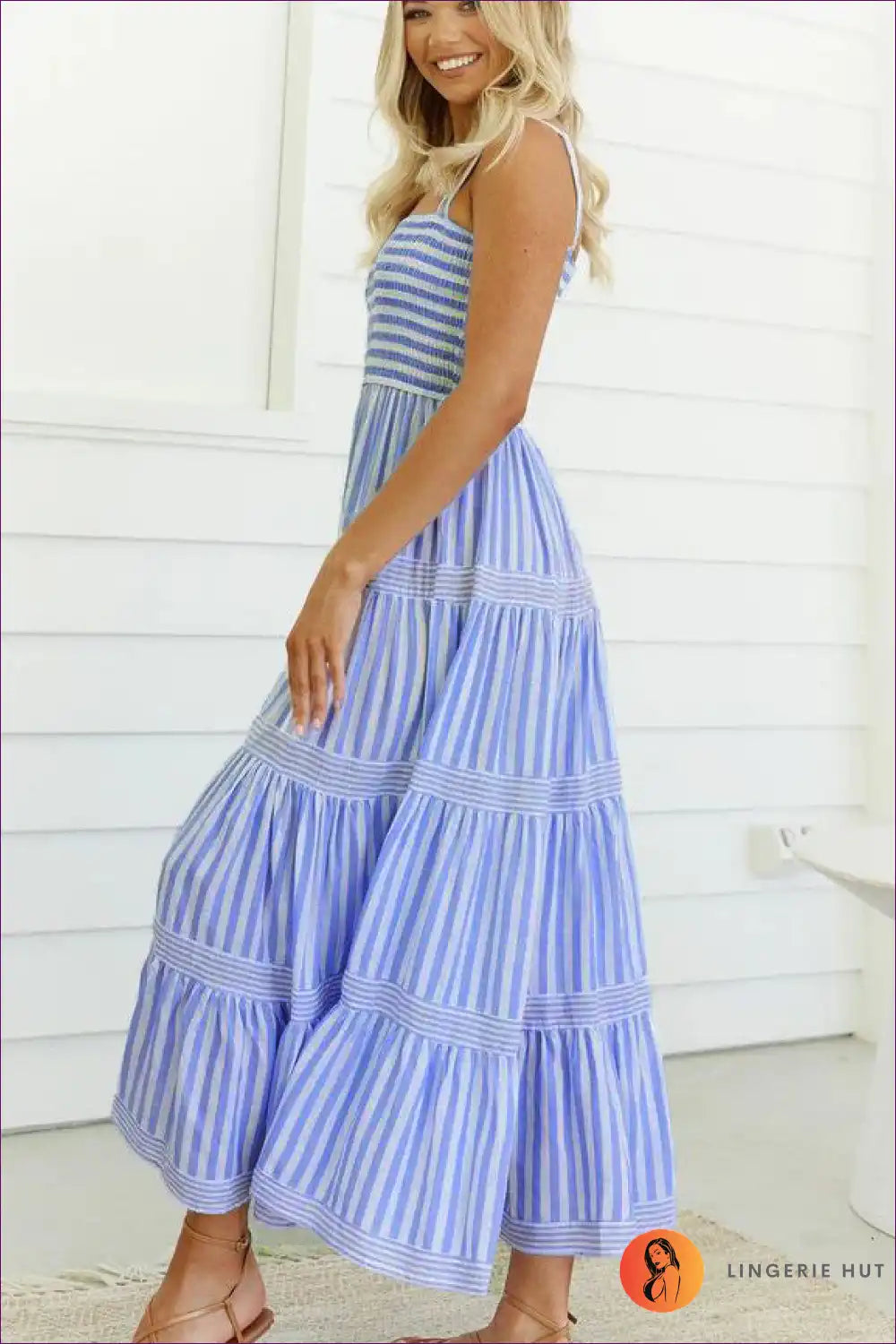 Maxi Dress with Tiered Stripes - Coastal Elegance for A-line, Boho, Casual, Dress,