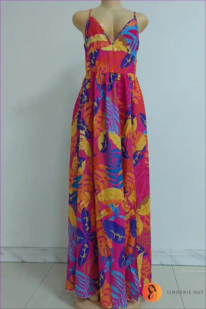 Maxi Dress with Tropical Print - Vacation Vibes for Boho, Casual, Cutout, Dress, Floral