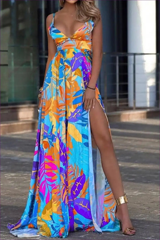 Maxi Dress with Tropical Print - Vacation Vibes for Boho, Casual, Cutout, Dress, Floral