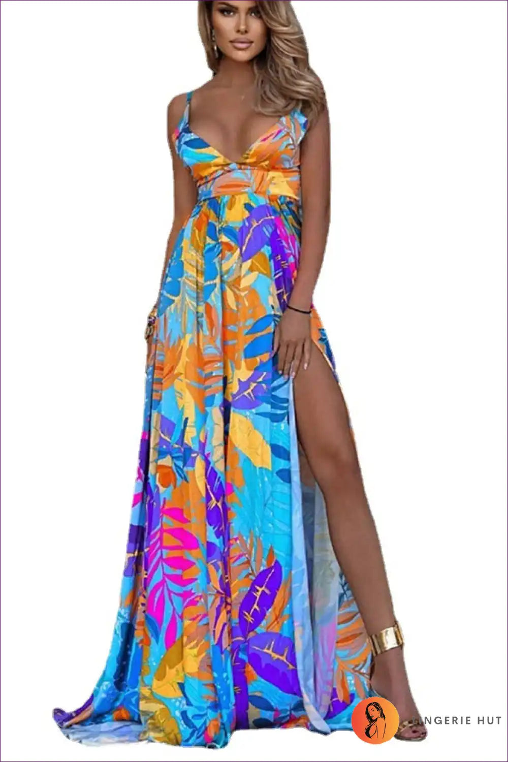 Maxi Dress with Tropical Print - Vacation Vibes for Boho, Casual, Cutout, Dress, Floral
