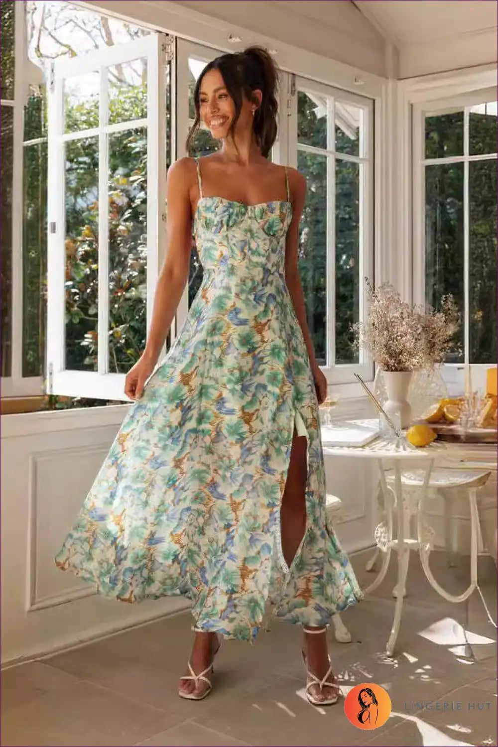 Maxi Dress with Tropical Print - Vacation Wanderlust for All Season, Backless, Boho, Casual, Cutout