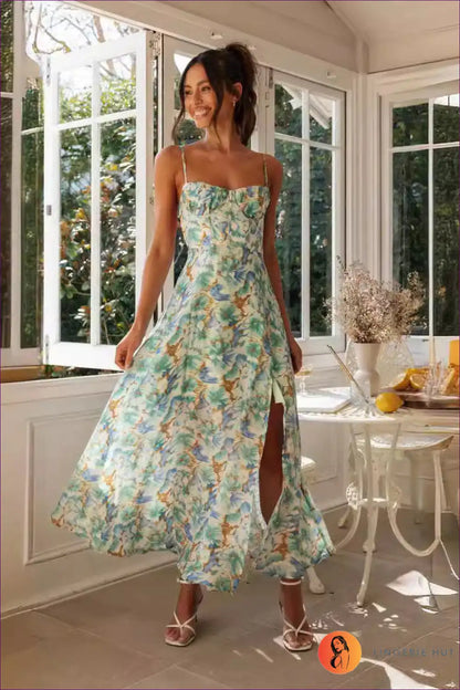 Maxi Dress with Tropical Print - Vacation Wanderlust for All Season, Backless, Boho, Casual, Cutout