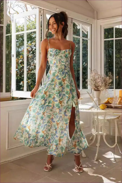 Maxi Dress with Tropical Print - Vacation Wanderlust for All Season, Backless, Boho, Casual, Cutout