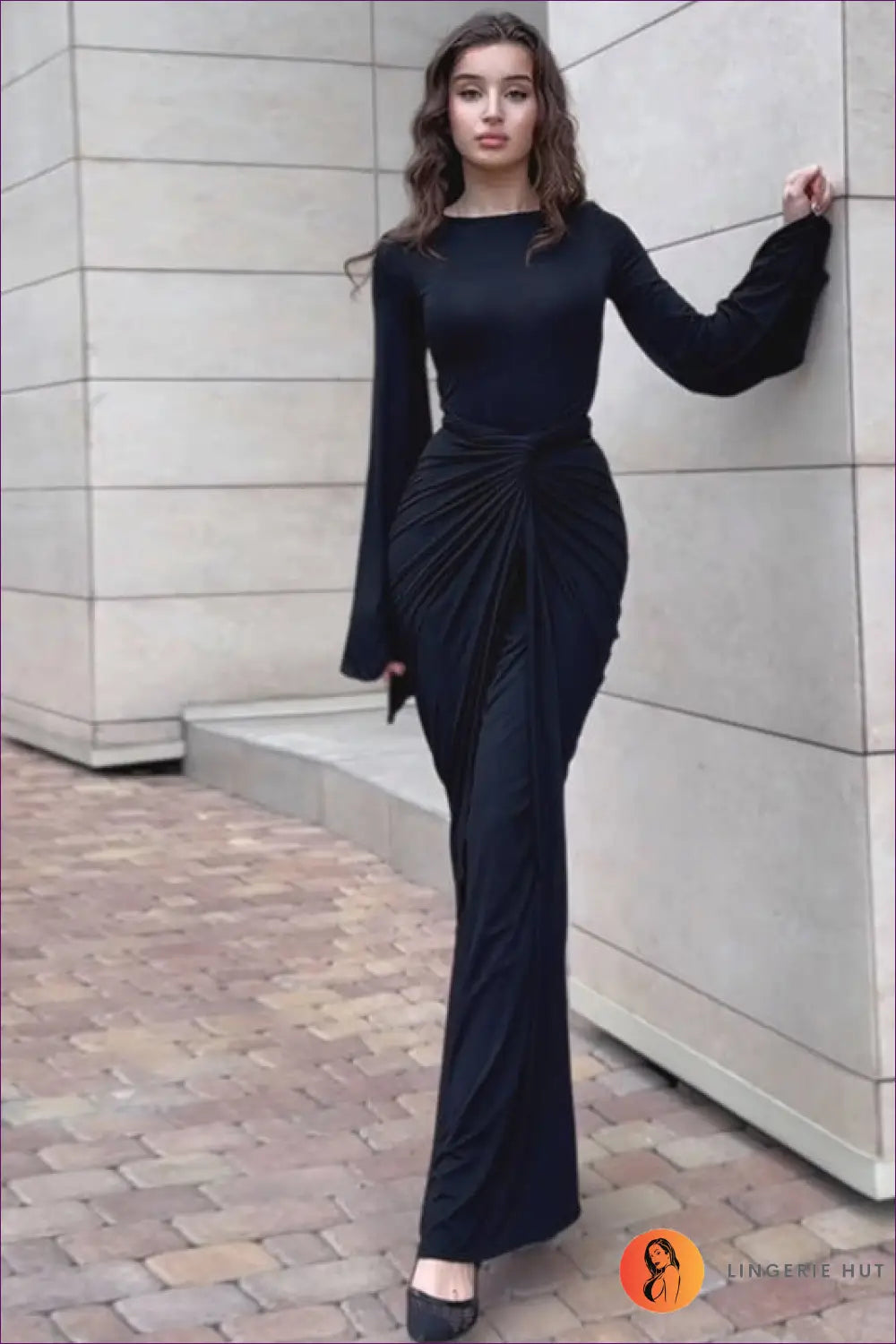 Maxi Dress with Trumpet Sleeves - Understated Glamour - Dresses - Autumn • Clothing • Elegant • Everyday - Lingerie Hut