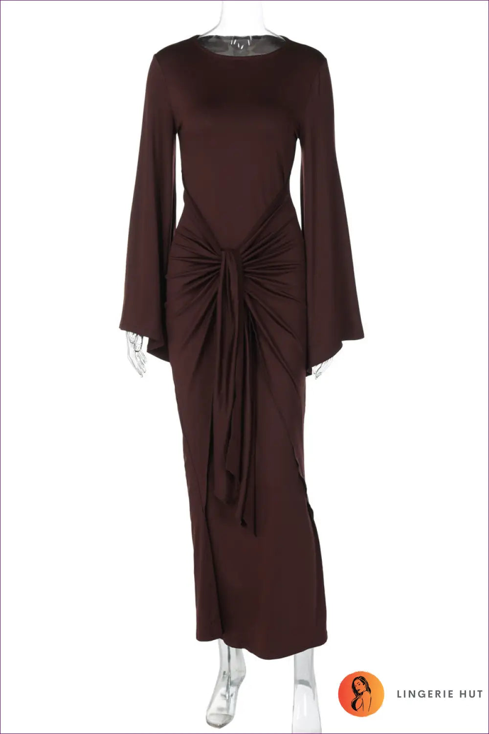 Maxi Dress with Trumpet Sleeves - Understated Glamour - s / Coffee - Dresses - Autumn • Clothing • Elegant • Everyday