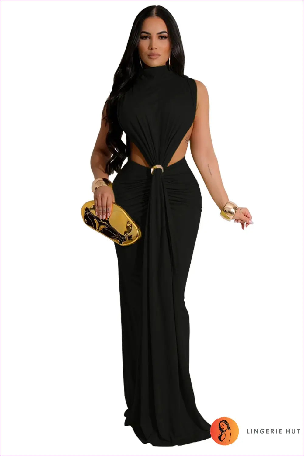Maxi Halter Dress with Gathered Waist - Understated Glamour - s / Black - Dresses - Lingerie Hut - Bodycon • Cutout