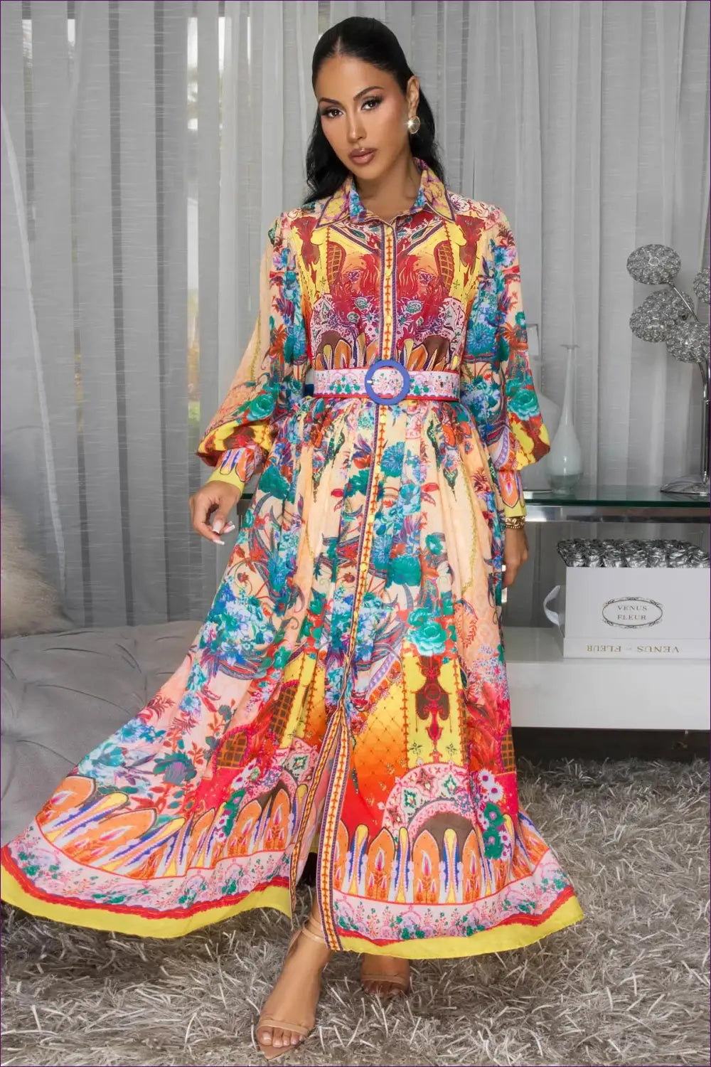 Maxi Shirt Dress with Ethnic Print - Effortless Elegance - A-line • Autumn • Belted • Button Front • Clothing