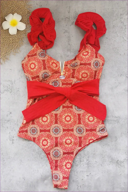 Medallion-print Swimsuit with Tie-front Sash - Boho Getaway - Swimwear - Beachwear • Floral • just in • Party