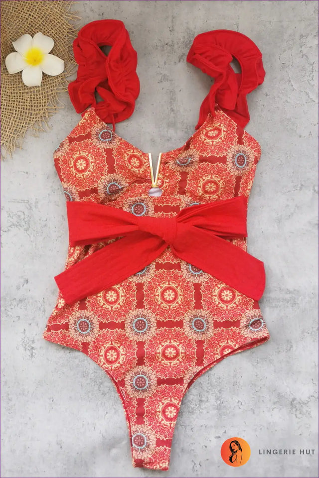 Medallion-Print Swimsuit with Tie-Front Sash - Boho Getaway