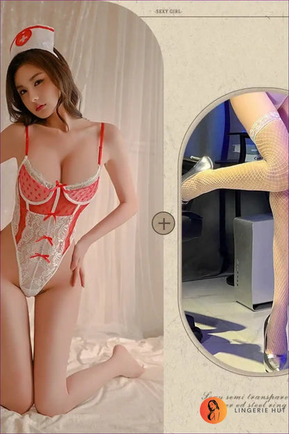 Mesh Body Shaping Nurse Uniform with Bowknot - Playful Bedroom Edit for Bodycon, Boudoir, just In, Lingerie,