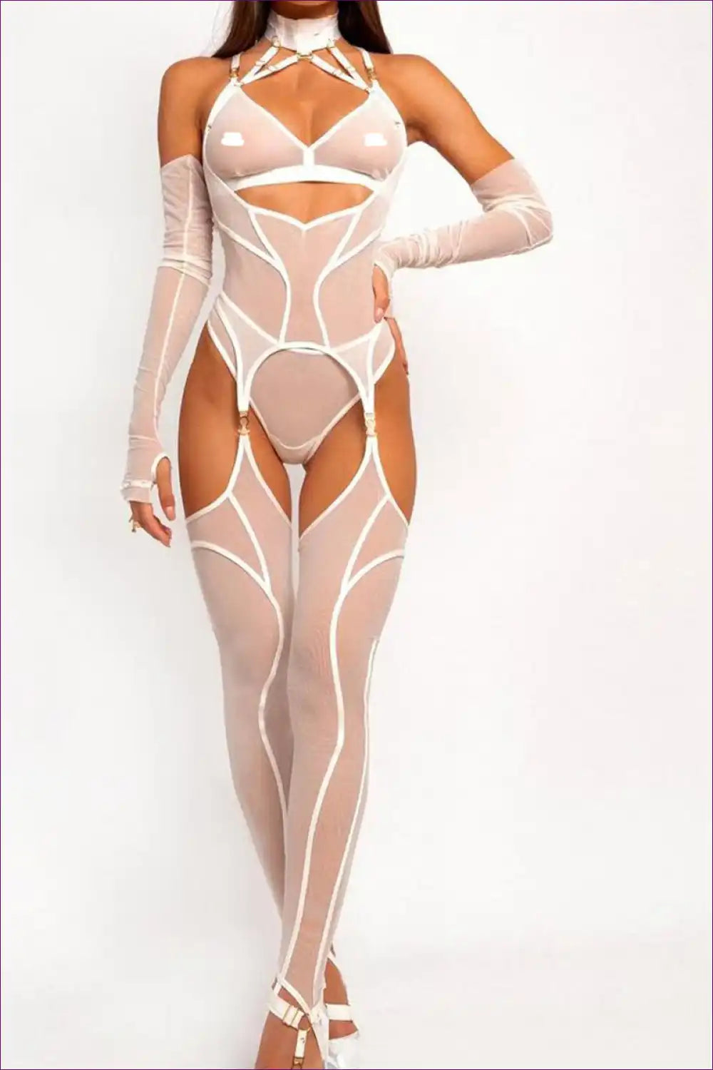 Mesh Bodystocking Set with Cut-outs - Futuristic Statement Energy for All Season, Backless, Bodysuit,