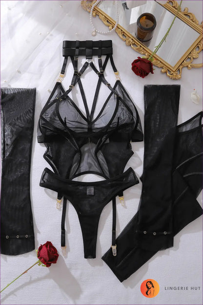 Mesh Cut-out Bodysuit Set - Futuristic Statement Energy - s / Black - Lingerie Hut - All Season • Backless • Boudoir