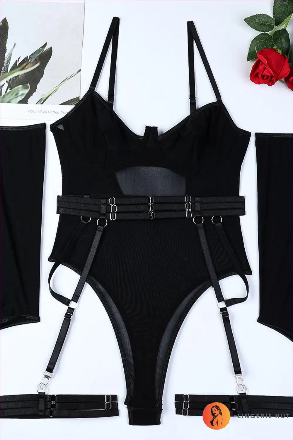 Mesh Bodysuit with Cut-outs and Gloves - Bold Night out for All Season, Bodysuit, Boudoir, Clubwear, Cutout