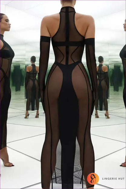 Mesh Bodysuit with Sheer Panels & Gloves - After-dark Statement - All Season • Clubwear • Cutout • Date Night