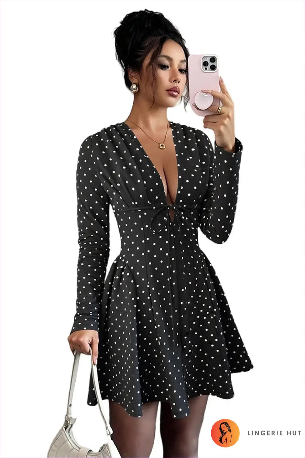Polka Dot Long Sleeve Mini Dress - s / Picture Flower - Bra Set - Date Night • Everyday • Glamour • Sexy - Lingerie Hut