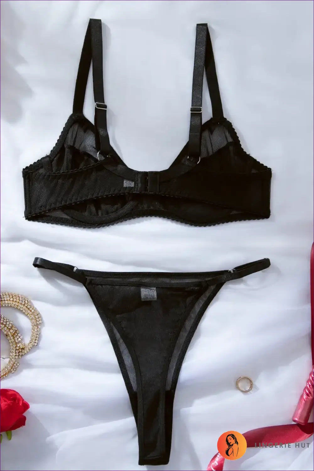 Mesh Bra Set with Bow Detail - Soft Sheer Layers - Black / s - Lingerie - just in • Hut