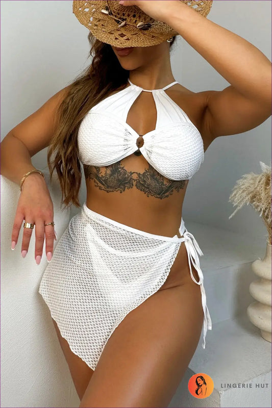 Mesh Cover-up Bikini Set with Ruched Skirt - Poolside to Party Ready - Xs / White - Lingerie Hut - Beachwear • Casual
