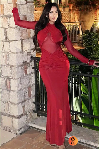 Mesh Cutout Ruched Bodycon Maxi Dress