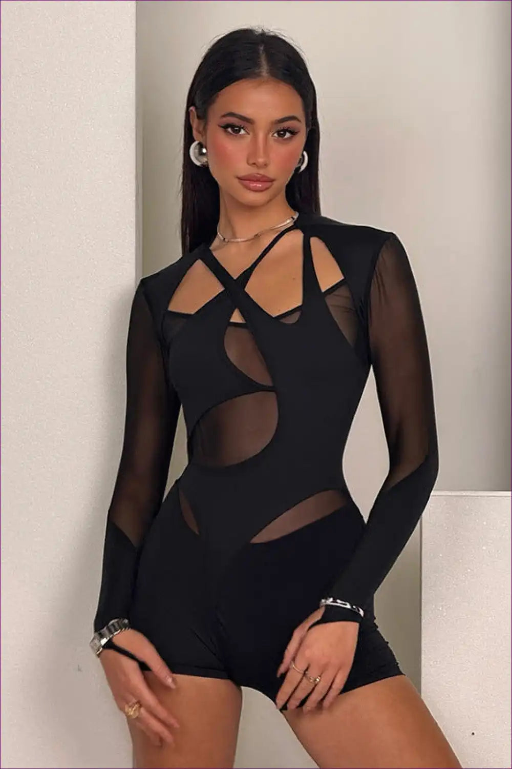 Mesh Jumpsuit with Cut-out Panels - Confident Night Energy