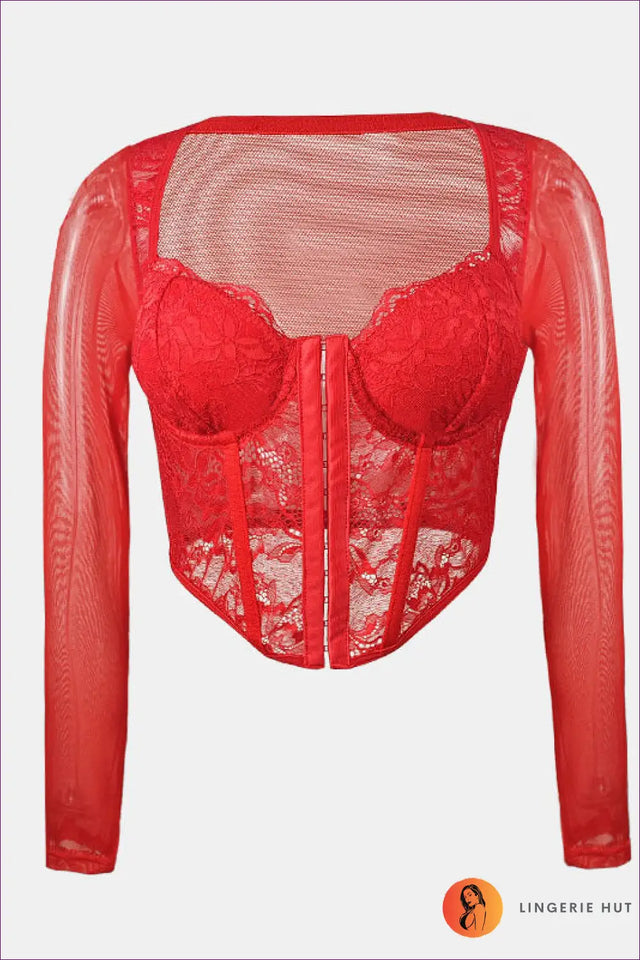 Mesh Lace Long Sleeve Corset Top with Boning - Evening Elegance