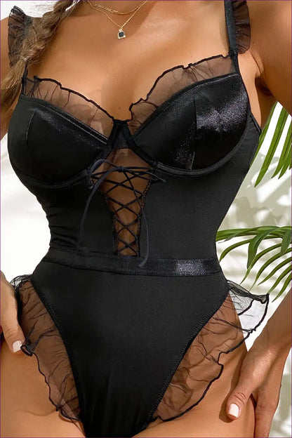 Ignite Your Sensuality With Lingerie Hut’s Mesh Lace One Piece Bodysuit. Fabric, Crisscross Design,